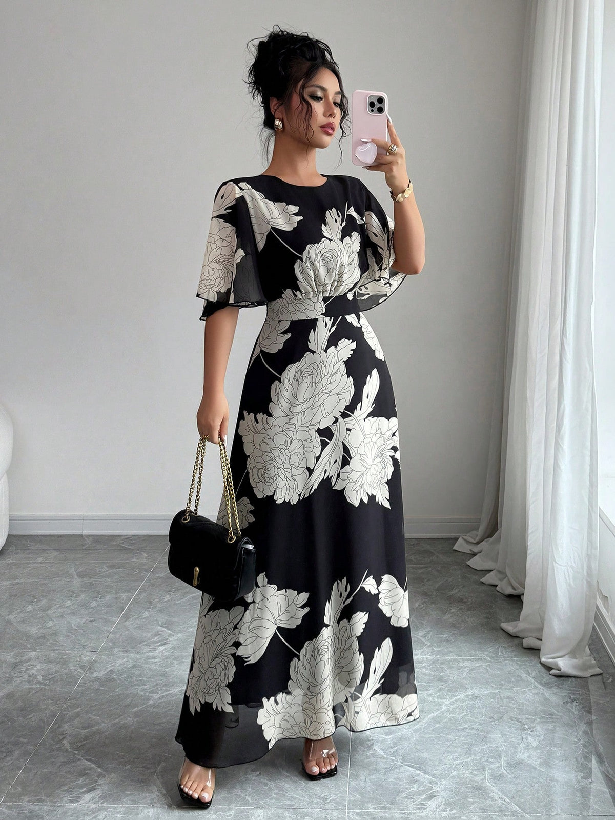 SHEIN Mulvari Women's Elegant Spring/Summer Round Neck Ruffle Flare Sleeve Fitted Flowy Chiffon Dress