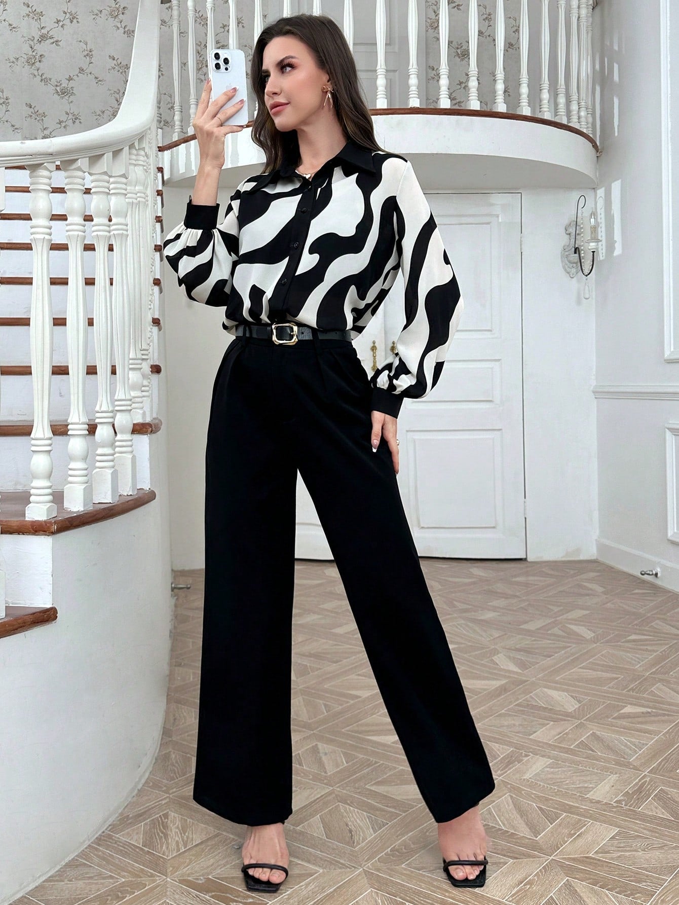 SHEIN Mulvari Women's Random Print Casual Long Sleeve Shirt
