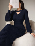 SHEIN Mulvari Women's Solid Color Round Neck Long Sleeve Hollow-Out Casual Long Sweater Dress