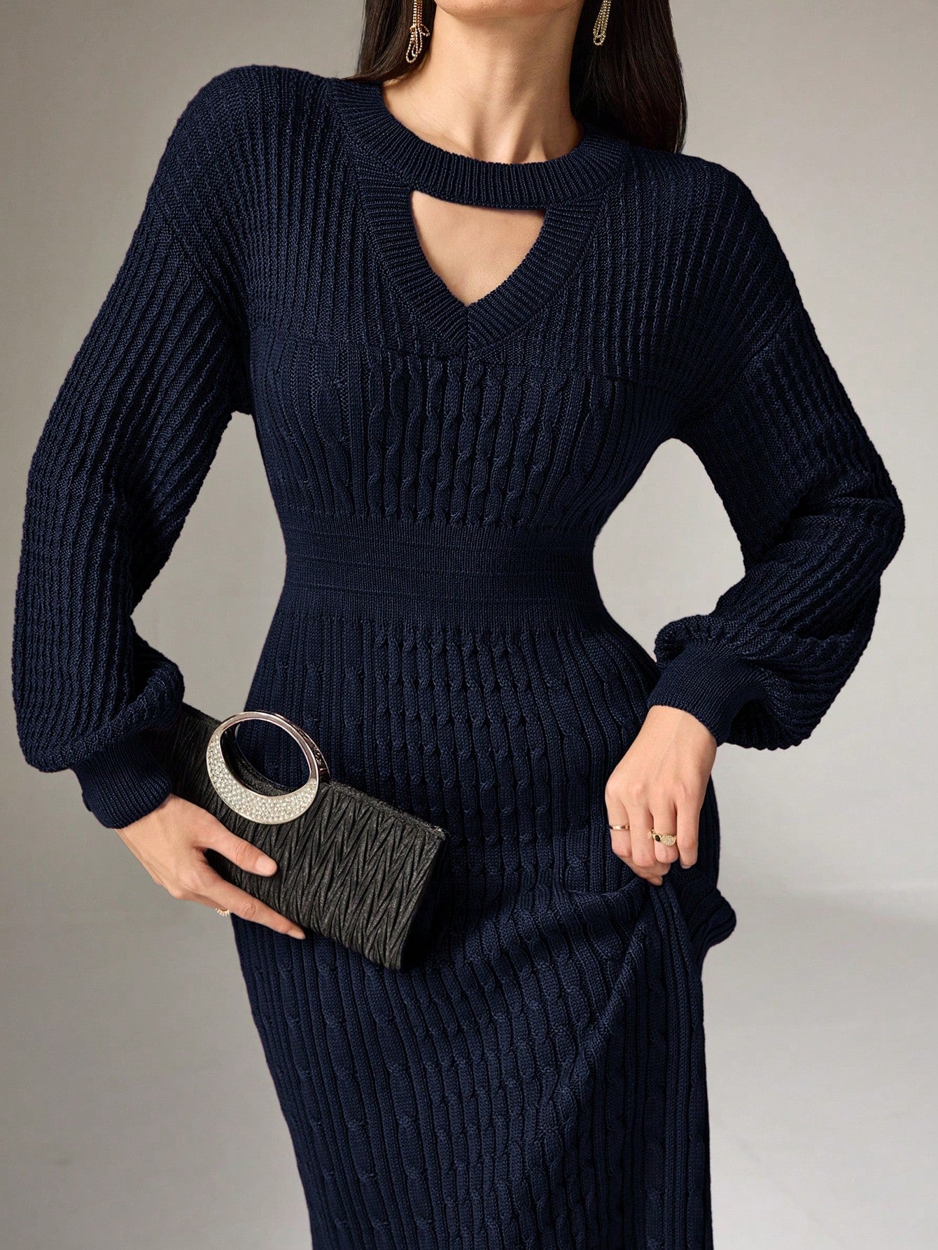 SHEIN Mulvari Women's Solid Color Round Neck Long Sleeve Hollow-Out Casual Long Sweater Dress