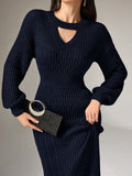 SHEIN Mulvari Women's Solid Color Round Neck Long Sleeve Hollow-Out Casual Long Sweater Dress