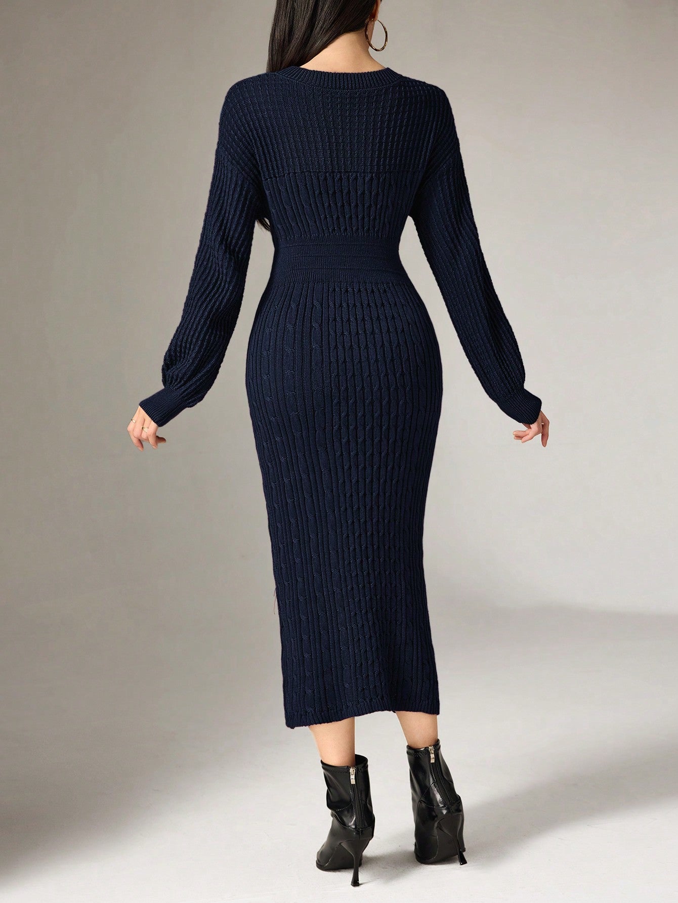 SHEIN Mulvari Women's Solid Color Round Neck Long Sleeve Hollow-Out Casual Long Sweater Dress