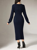 SHEIN Mulvari Women's Solid Color Round Neck Long Sleeve Hollow-Out Casual Long Sweater Dress