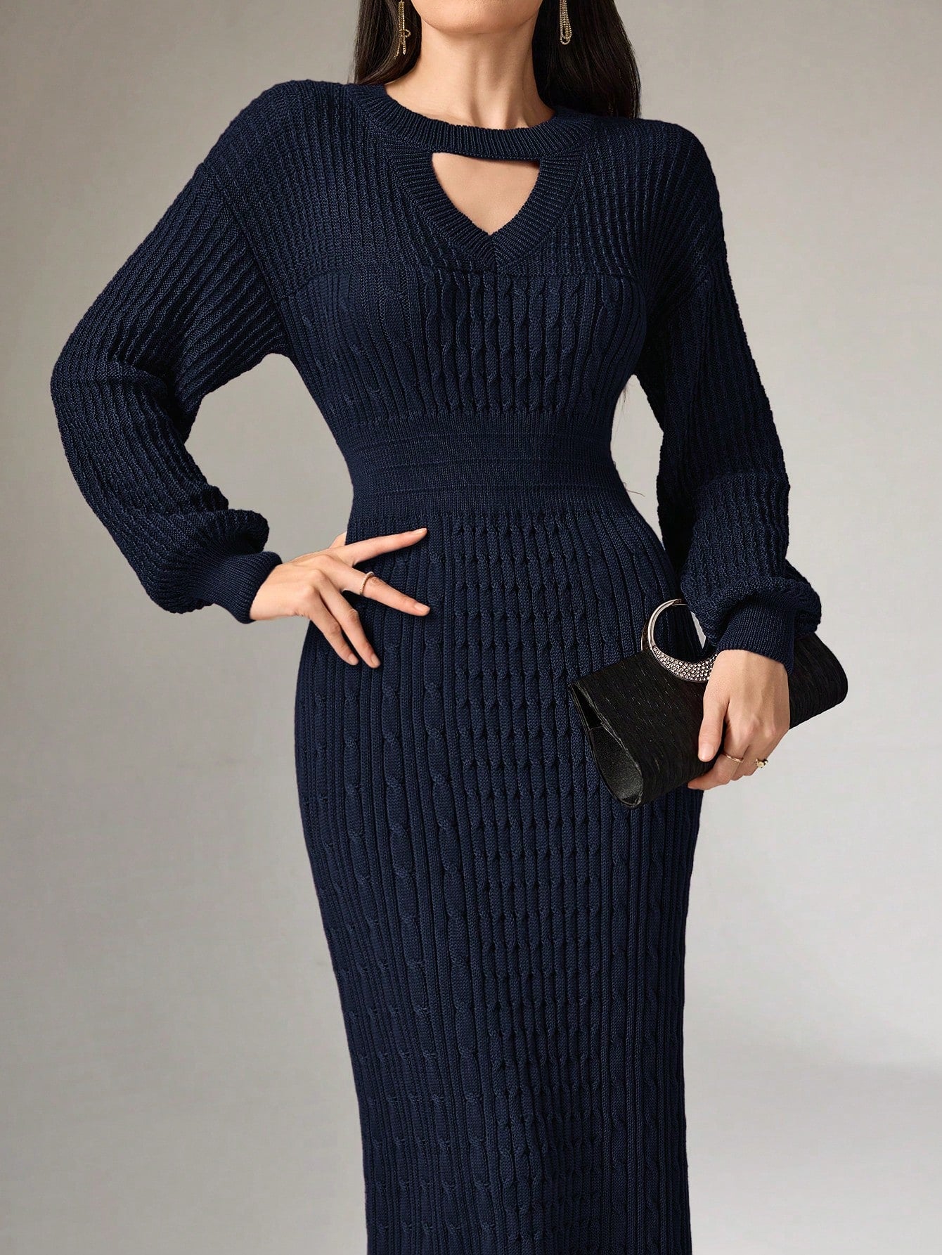 SHEIN Mulvari Women's Solid Color Round Neck Long Sleeve Hollow-Out Casual Long Sweater Dress