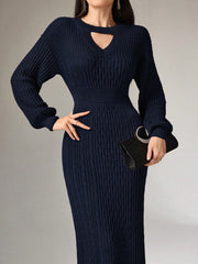 SHEIN Mulvari Women's Solid Color Round Neck Long Sleeve Hollow-Out Casual Long Sweater Dress