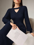 SHEIN Mulvari Women's Solid Color Round Neck Long Sleeve Hollow-Out Casual Long Sweater Dress