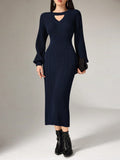 SHEIN Mulvari Women's Solid Color Round Neck Long Sleeve Hollow-Out Casual Long Sweater Dress
