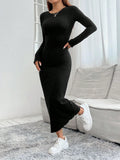 SHEIN PETITE Solid Ribbed Knit Bodycon Black Dress