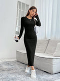 SHEIN PETITE Solid Ribbed Knit Bodycon Black Dress