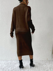 2pcs/set Simple Casual Stand Collar Drop Shoulder Sleeve Sweater And Skirt Set