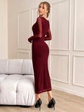SHEIN Privé Elegant Women's Long Sleeve Pleated Mesh Dress