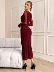 SHEIN Privé Elegant Women's Long Sleeve Pleated Mesh Dress