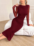 SHEIN Privé Elegant Women's Long Sleeve Pleated Mesh Dress