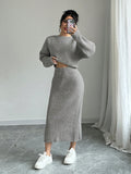 SHEIN Privé Casual Solid Color Batwing Sleeve Sweater Plus Skirt Two-Piece Set