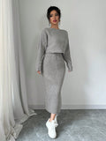 SHEIN Privé Casual Solid Color Batwing Sleeve Sweater Plus Skirt Two-Piece Set