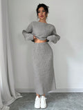 SHEIN Privé Casual Solid Color Batwing Sleeve Sweater Plus Skirt Two-Piece Set