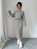 SHEIN Privé Casual Solid Color Batwing Sleeve Sweater Plus Skirt Two-Piece Set