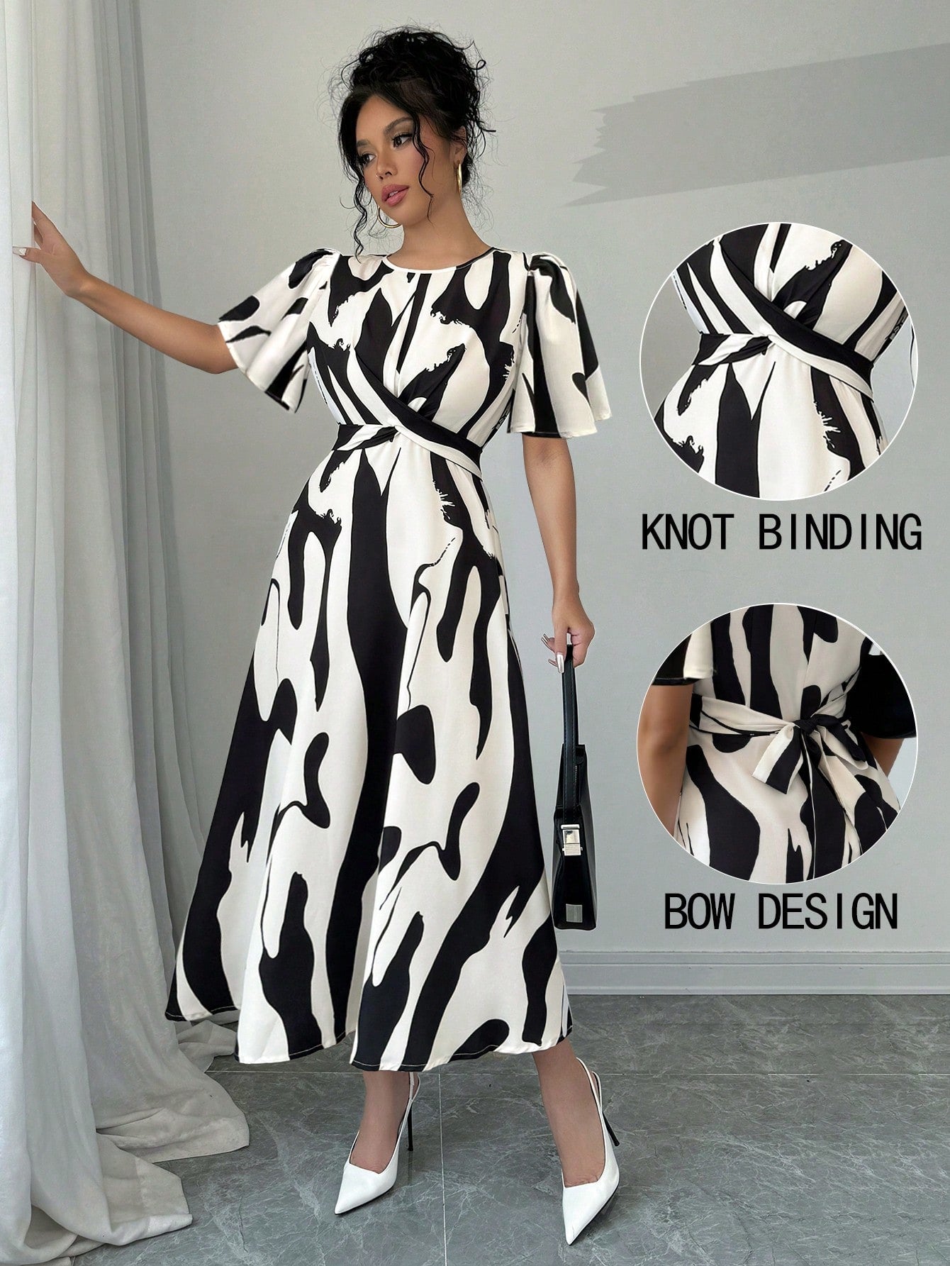 SHEIN Raffinéa Black & White Asymmetrical Print Twist Knot Dress