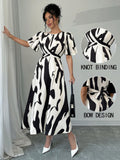 SHEIN Raffinéa Black & White Asymmetrical Print Twist Knot Dress