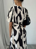 SHEIN Raffinéa Black & White Asymmetrical Print Twist Knot Dress
