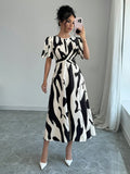 SHEIN Raffinéa Black & White Asymmetrical Print Twist Knot Dress