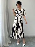 SHEIN Raffinéa Black & White Asymmetrical Print Twist Knot Dress