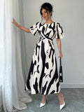 SHEIN Raffinéa Black & White Asymmetrical Print Twist Knot Dress