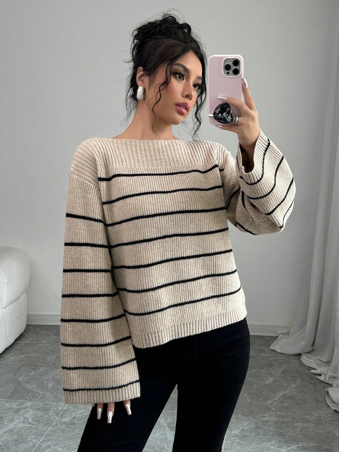 SHEIN Raffinéa Casual Color Blocking Stripe Bell Sleeve Sweater