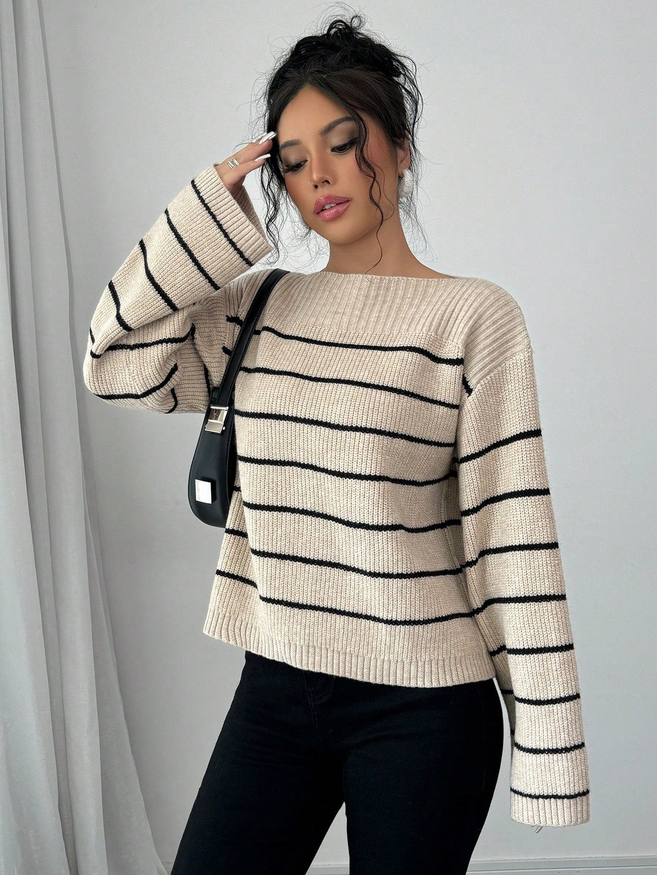 SHEIN Raffinéa Casual Color Blocking Stripe Bell Sleeve Sweater
