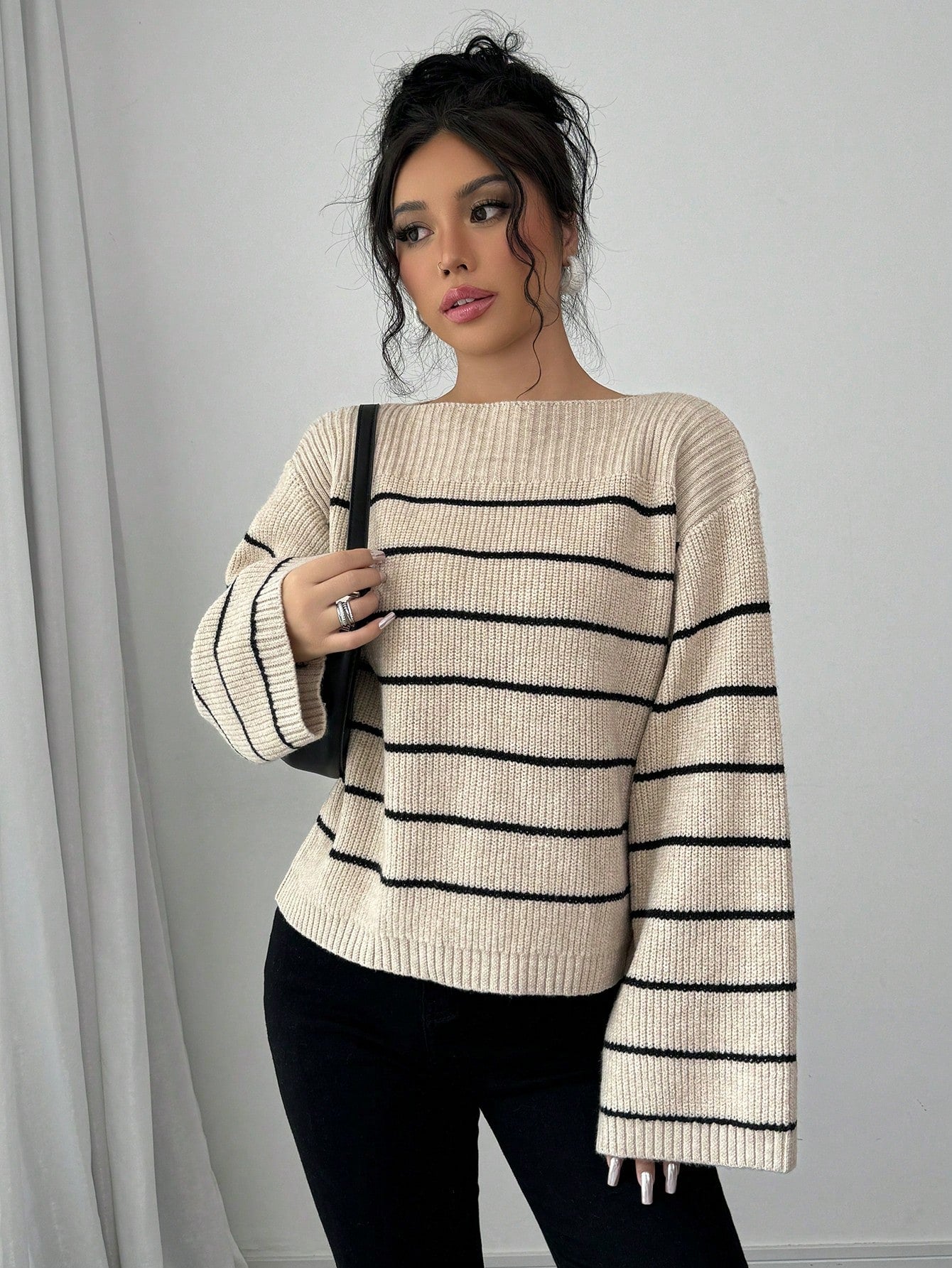 SHEIN Raffinéa Casual Color Blocking Stripe Bell Sleeve Sweater