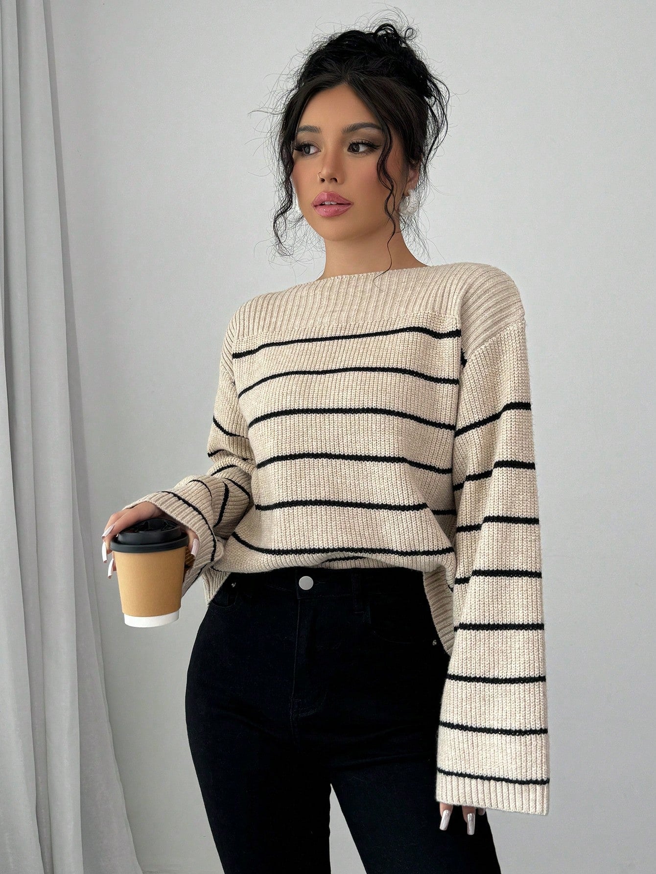 SHEIN Raffinéa Casual Color Blocking Stripe Bell Sleeve Sweater