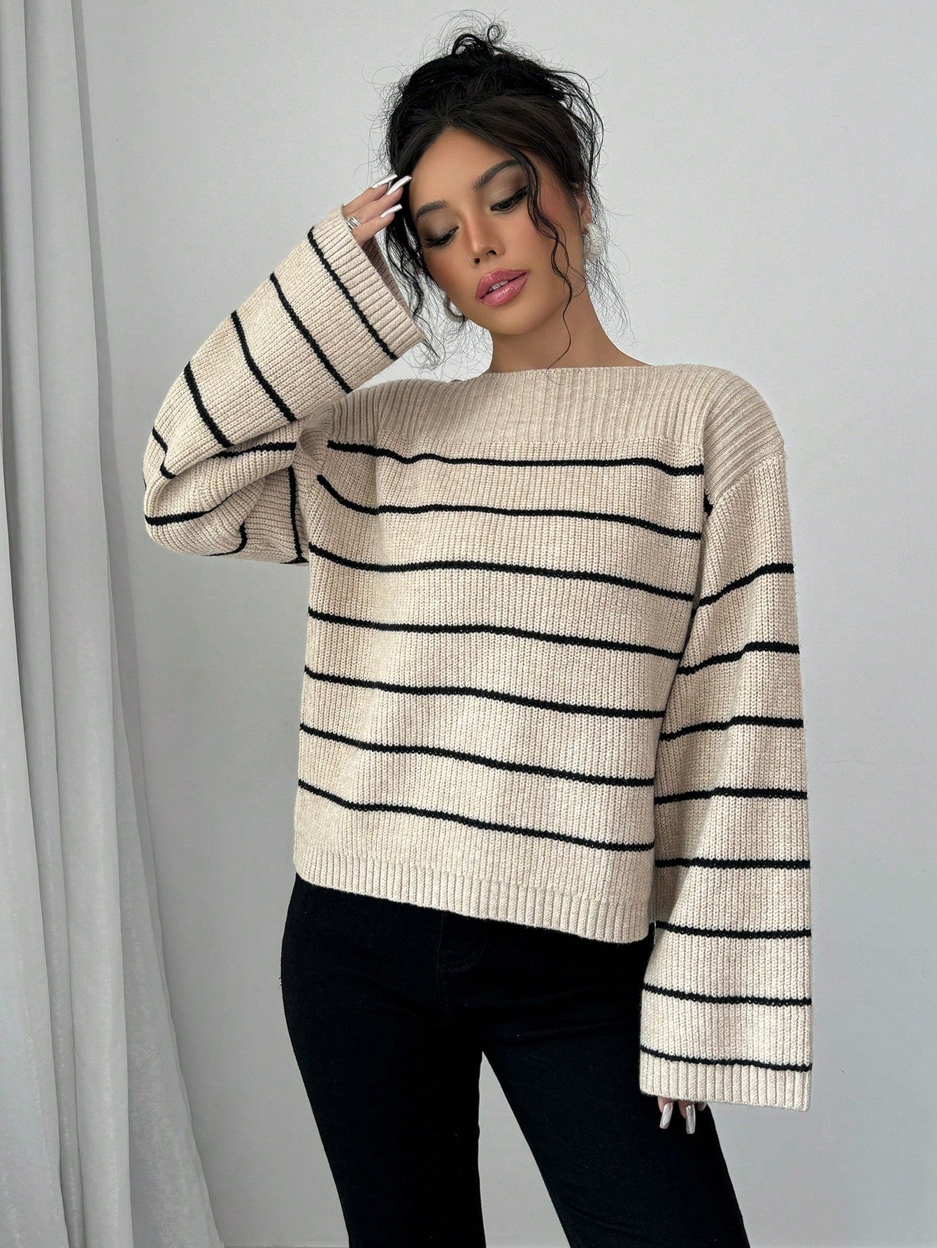 SHEIN Raffinéa Casual Color Blocking Stripe Bell Sleeve Sweater