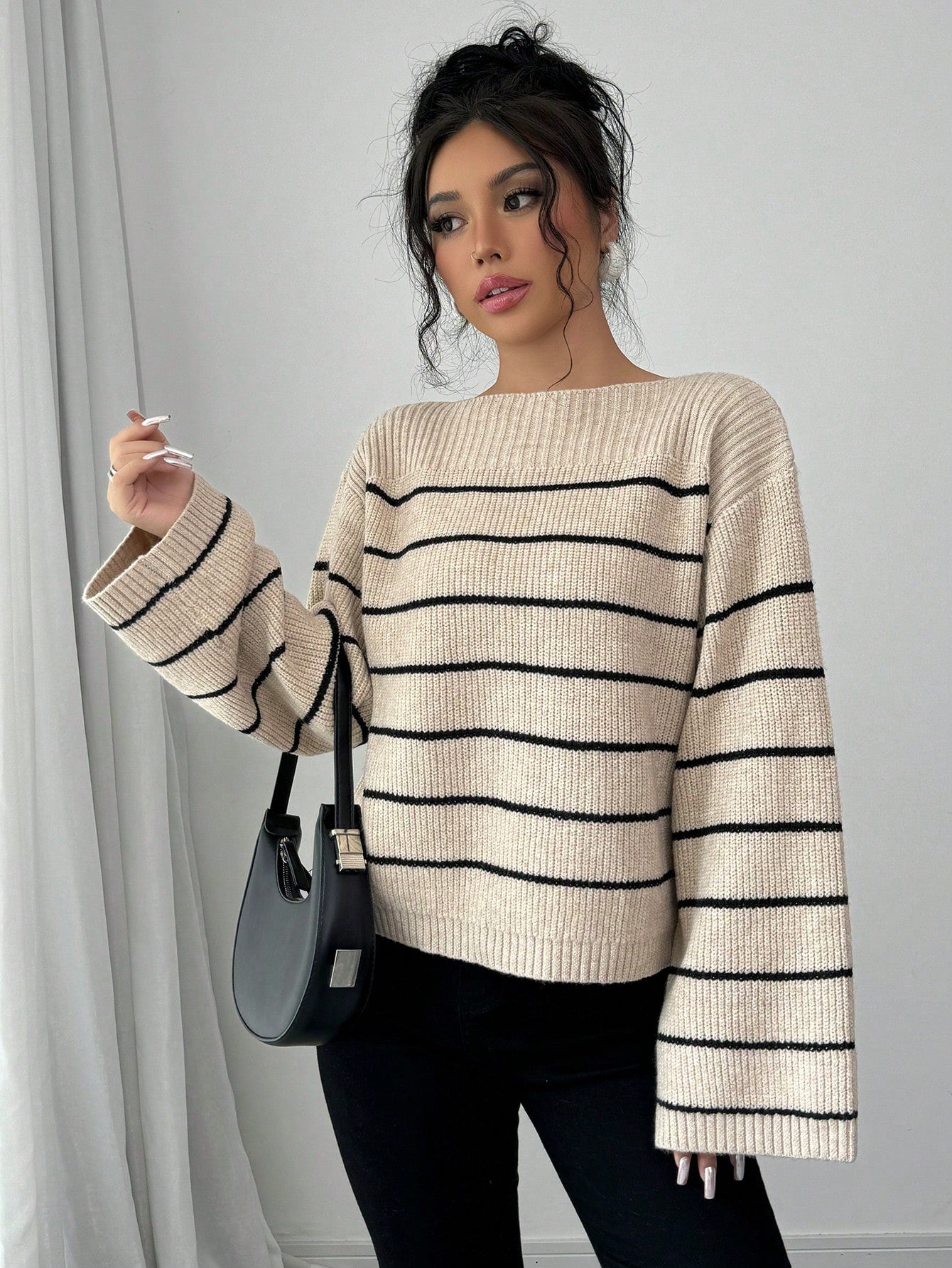 SHEIN Raffinéa Casual Color Blocking Stripe Bell Sleeve Sweater