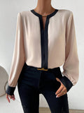 SHEIN Relaxiva Contrast Trim Keyhole Back Blouse,Long Sleeve Tops