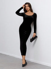 SHEIN Women's Casual And Elegant Velvet Long-Sleeved Long Dress