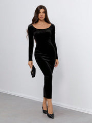 SHEIN Women's Casual And Elegant Velvet Long-Sleeved Long Dress