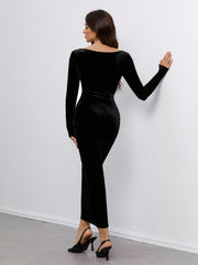 SHEIN Women's Casual And Elegant Velvet Long-Sleeved Long Dress