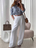 SHEIN Raffinéa Striped Collar Casual Shirt And White Straight-Leg Pants Combination