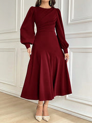 SHEIN Modely Burgundy Red Women Solid Color Round Neck Lantern Sleeve Pleated Elegant Mid-Length Dress
