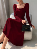 SHEIN EastFlair Korean Fashion Women's Red Holiday Party Ruched Waist Elegant Long Sleeve Long Dress