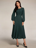 SHEIN Modely Women's Solid Color Round Neck Long Sleeve Ruched Simple Casual Long Dress