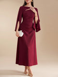 SHEIN Modely Burgundy Red Ladies' Solid Color Simple Arabian Daily Modest Long Sleeve Dress