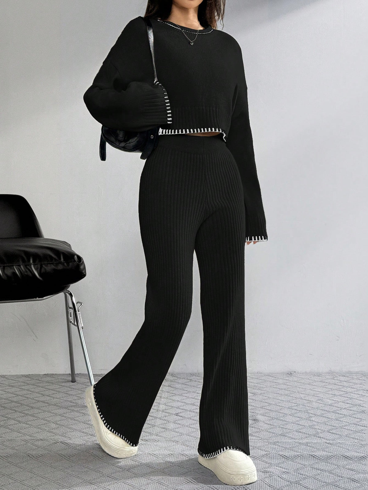 SHEIN EZwear Women's Dropped Shoulder Long Sleeve Sweater And Flared Pants Casual 2 Pieces Set