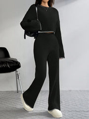 SHEIN EZwear Women's Dropped Shoulder Long Sleeve Sweater And Flared Pants Casual 2 Pieces Set