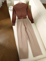 High-End Temperament Brown Striped Top With Khaki Trousers And Metal Buckle Belt