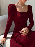 SHEIN EastFlair Korean Fashion Women's Red Holiday Party Ruched Waist Elegant Long Sleeve Long Dress