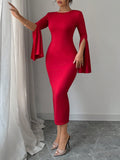 SHEIN Allurite Women Elegant Ruffle Sleeve Side Slit Fitted And Flared Midi Dress