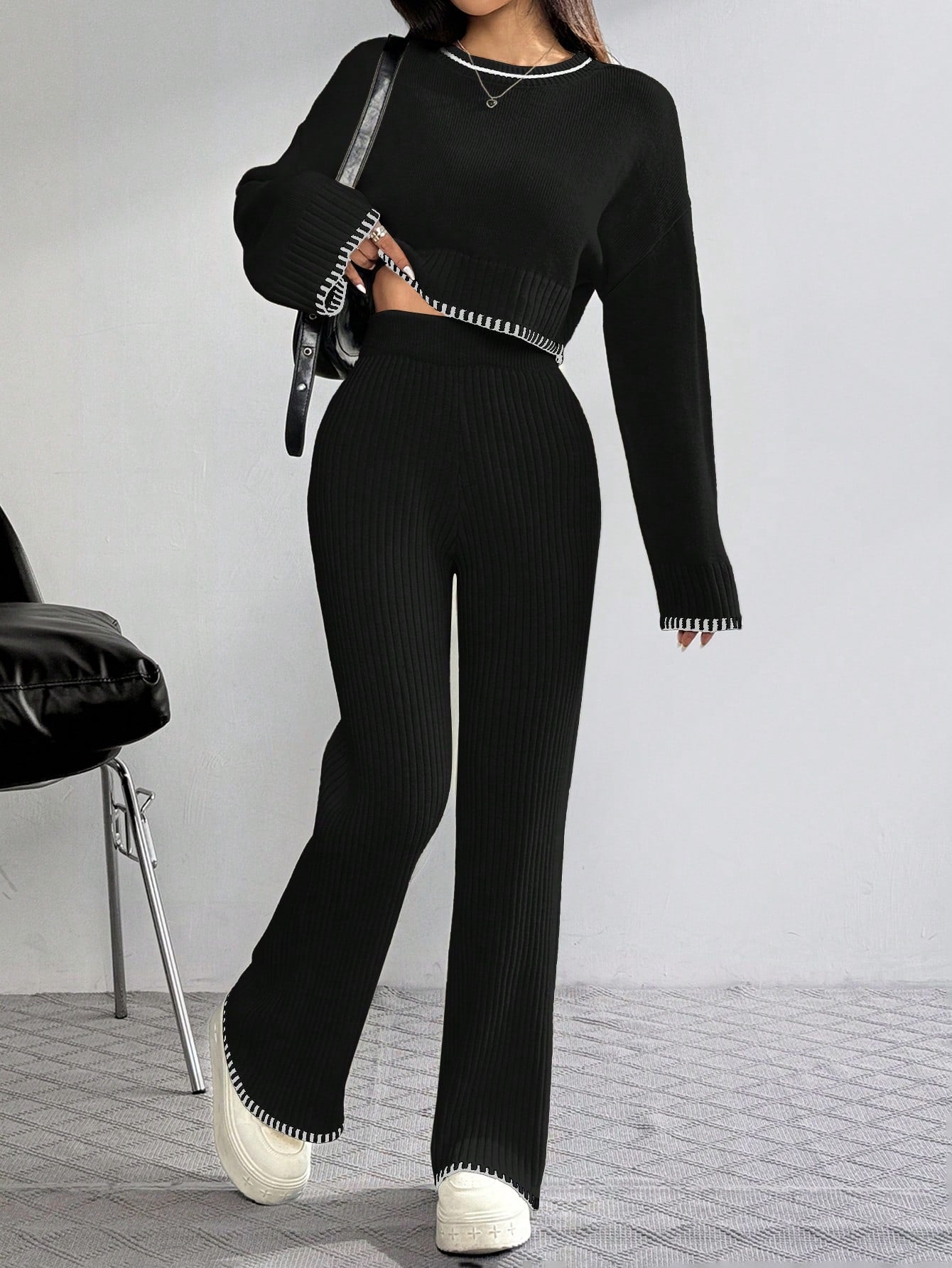 SHEIN EZwear Women's Dropped Shoulder Long Sleeve Sweater And Flared Pants Casual 2 Pieces Set