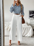 SHEIN Raffinéa Striped Collar Casual Shirt And White Straight-Leg Pants Combination