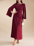 SHEIN Modely Burgundy Red Ladies' Solid Color Simple Arabian Daily Modest Long Sleeve Dress